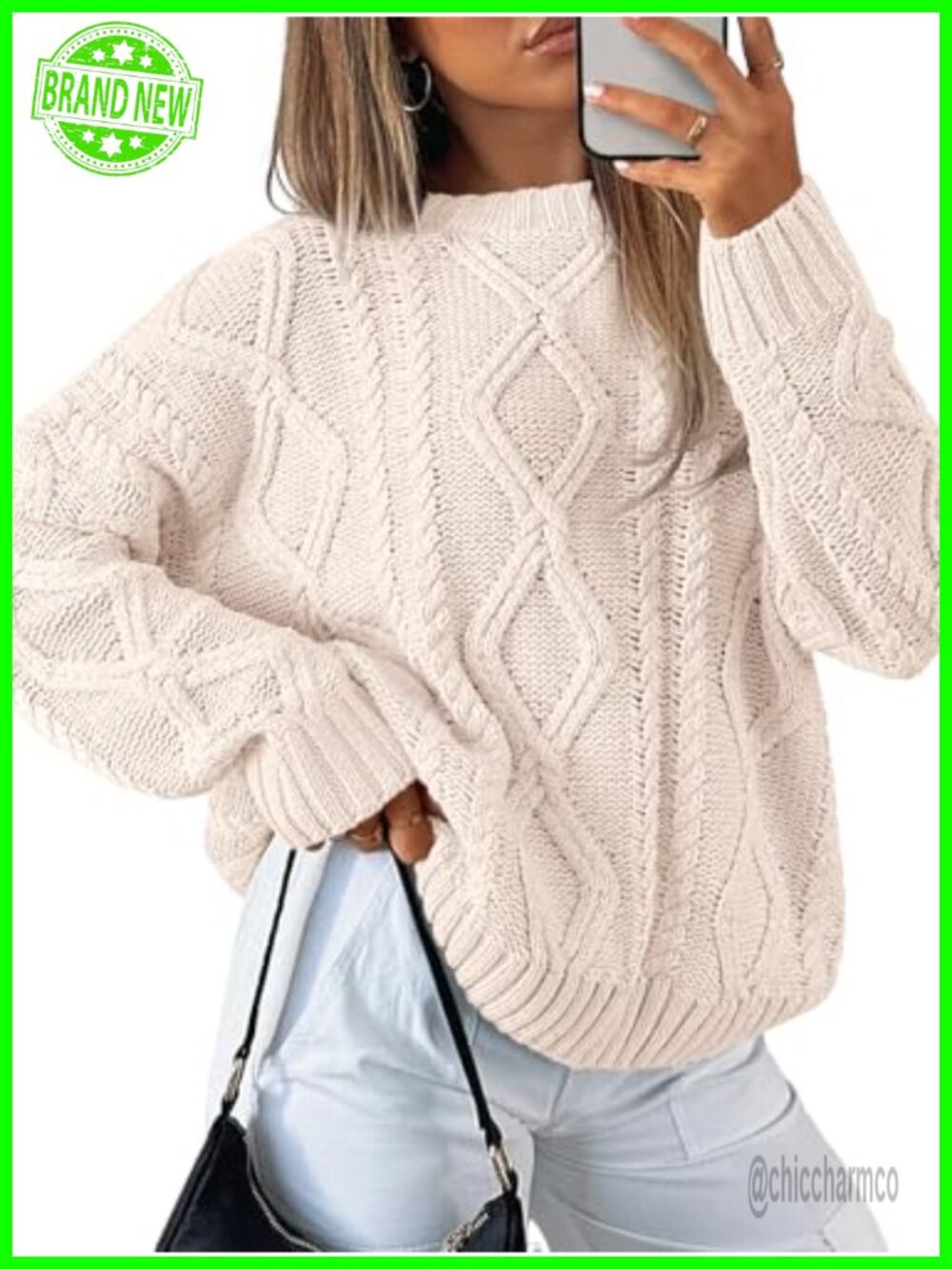 Oversized Cable Knit Sweater Pullover Crew Neck Long Sleeve Cotton